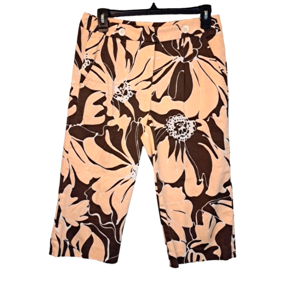 Eliott Lauren Pink and Brown Floral Print Patterned Capris Size 6